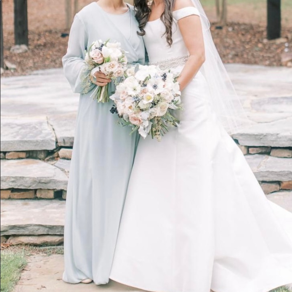 David’s Bridal, dusty sage, chiffon, wrap dress
